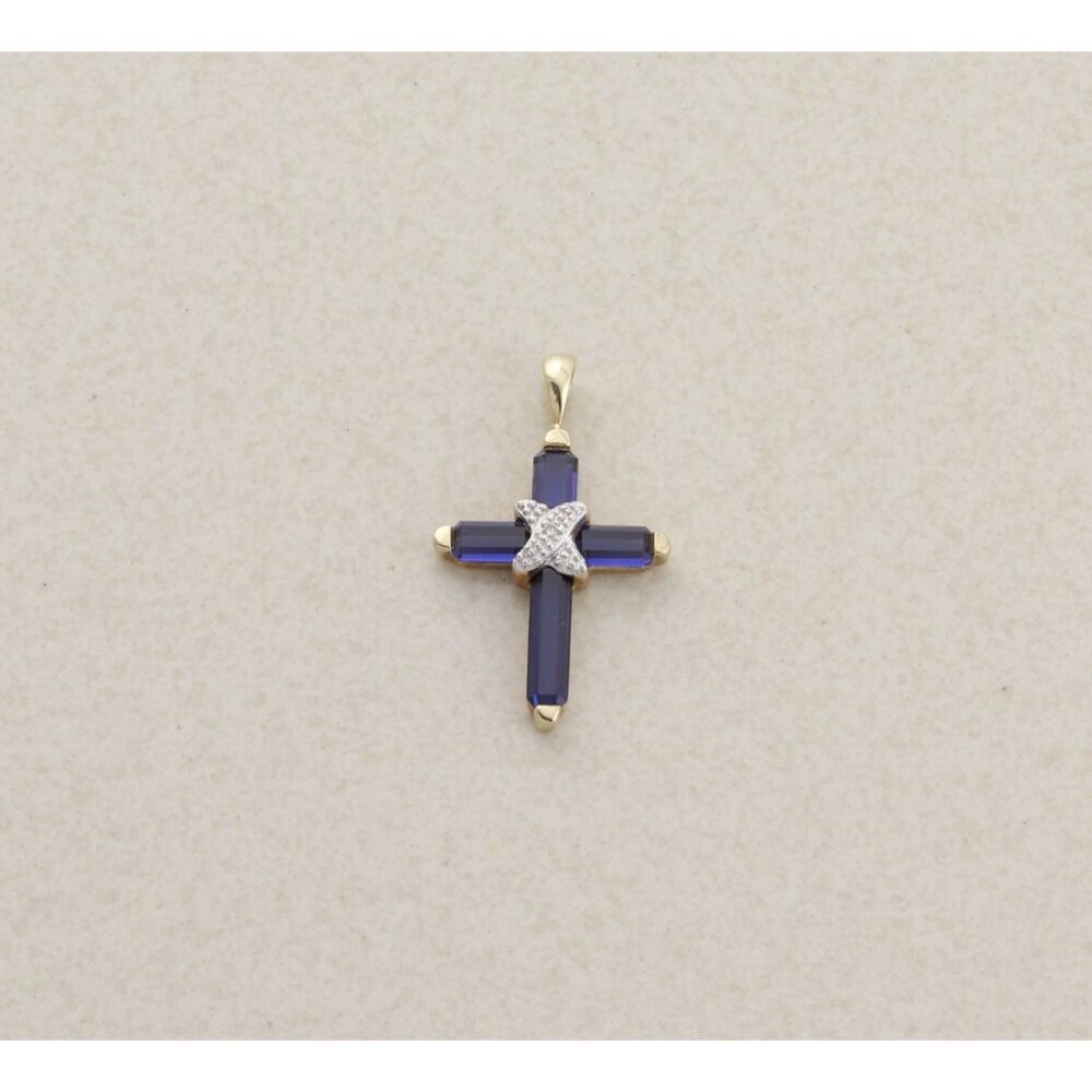 Pendant Only 10k Yellow Gold Lab Created Blue Sapphire and Diamond Cross Pendant - Picture 5 of 7